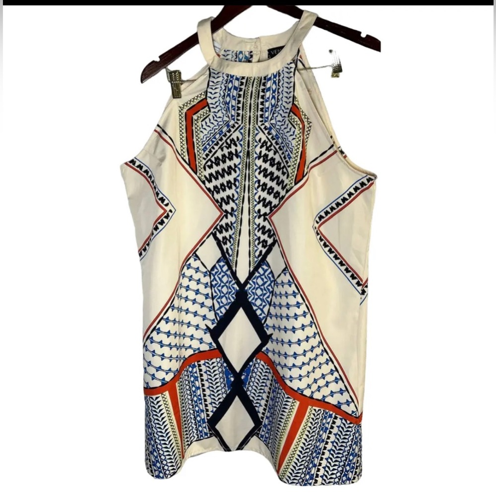 New Venus Sleeveless Halter Neck Mini Dress Geometric Pattern Sheath Dress cream - Picture 3 of 9